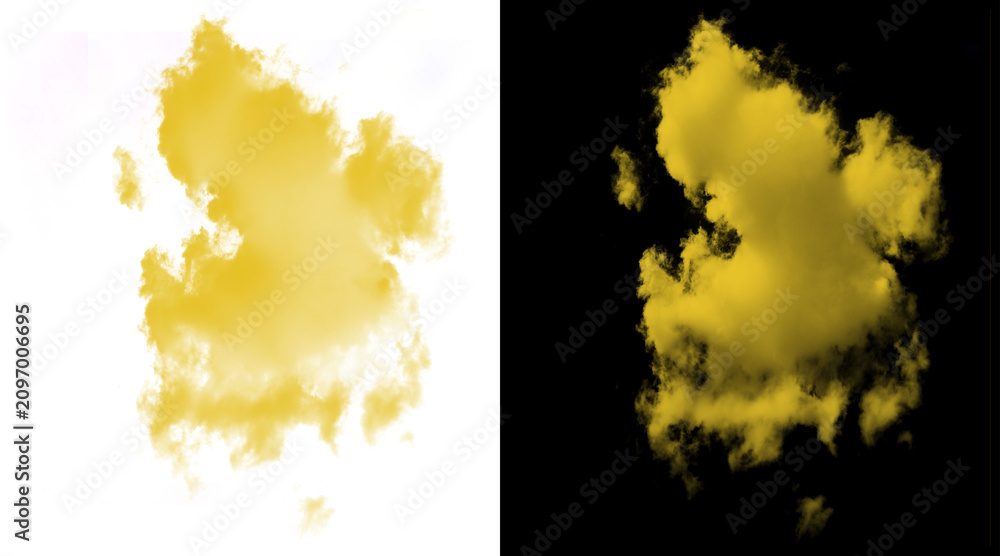 Obraz premium Yellow smoke cloud isolated on white and black backgrounds, vibrant mustard colored powder explosion, abstract sulfur gas effect for design