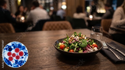  Salad bowl on restaurant table with gut bacteria microbiome overlay