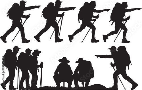 Tableau sur toile Black Silhouettes Of Hikers And Trekkers Isolated On White Background