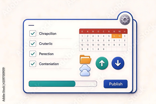 Task Management Dashboard Icons with Checklist, Data Table, Cloud Upload, Folder, and Publishing Tools