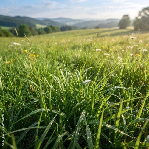 Close-up of fresh green grass in sunlight. Vibrant summer meadow with dew drops and natural lighting.