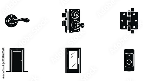 Door hardware and security parts icons including lock and handle and hinge with bell illustration.