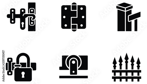 Security hardware and metal gate parts vector illustration for building entrance protection.