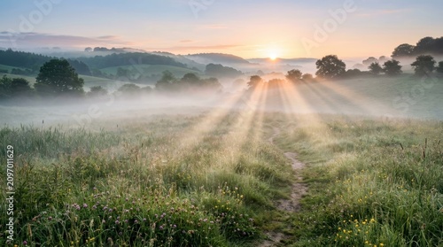 Misty meadow path at sunrise with sunbeams shining through