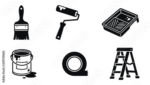 Painting tools and home renovation equipment vector illustration set for construction project icon.