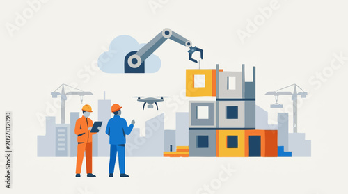 Modern construction technology with engineers, drone, and robotic arm building