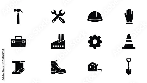 фотографія Black and white minimalist construction and safety equipment icon set with flat