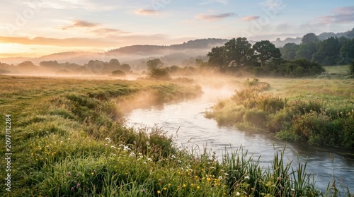 Misty river landscape at sunrise with wildflowers in a meadow