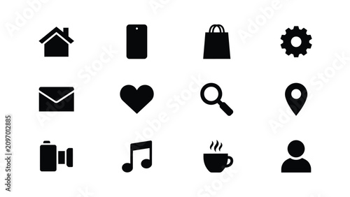 фотографія Modern minimalist black icons set featuring home tech shopping communication wit