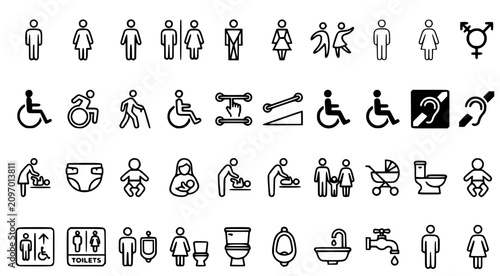 Extensive collection of accessibility and facility signage icons including universal symbols for toilets restrooms and public amenities in a clean black and white vector line art style set