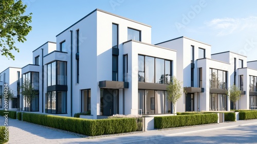 Modern white residential building with large glass windows and geometric design under clear blue sky with adjacent sidewalk and green landscaping elements in urban neighborhood