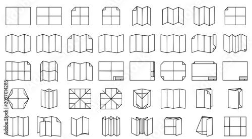 Collection of various paper folding patterns and document document layout diagrams for print design and packaging development in clear black and white line art vector illustration style sets