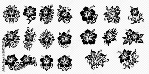Set of black and white hibiscus flower illustrations with intricate details and swirling patterns, perfect for tropical designs and decorative elements.