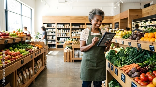 Mature woman in apron uses digital tablet to manage produce in grocery store