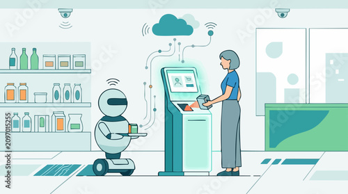 Robot assistant and customer using self-checkout kiosk in a smart retail store