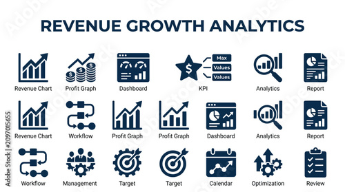 Revenue growth icons depict analytics.