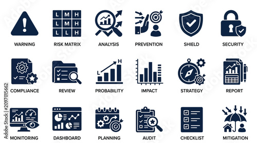 Risk management icons show compliance.
