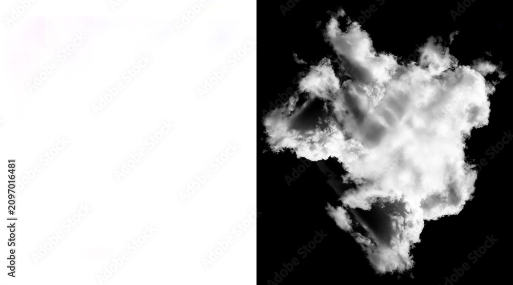Obraz premium Fluffy white cloud isolated on black background, ethereal cumulus cloud texture for compositing, realistic atmospheric smoke effect for design