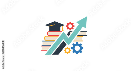 Rising arrow over books and graduation cap icon.