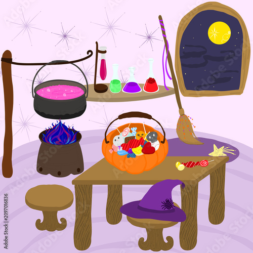 Fotografie Witch and wizard room interior with magical items and mystical atmosphere for fa