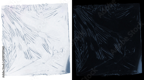 Tableau sur toile Crumpled plastic wrap texture, transparent cellophane film overlay on white and