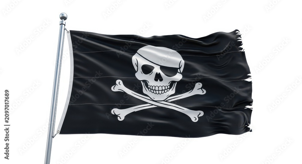 Obraz premium Waving Pirate Flag Jolly Roger with Skull and Crossbones on Flagpole Isolated on White Background