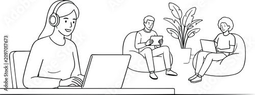Young business people working on laptops and tablets in creative modern coworking office space vector line art illustration.