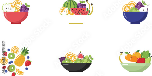 Obraz na plátně Colorful Fruit Bowls with Assorted Fresh Fruits in Decorative Arrangements
