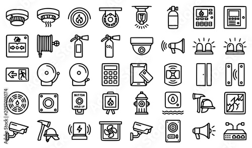 Building safety and fire alarm outline vector icons with CCTV smoke detector and emergency equipment