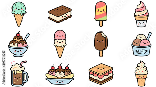 Cute Kawaii Ice Cream Dessert Icons Set with Smiling Faces Vector Illustrations on a Transparent Background