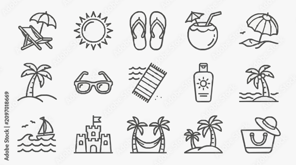Fototapeta premium Clean Black and White Line Drawing Icons of Beach and Summer Vacation Essentials with high quality professional line art symbols for modern creative design and digital branding projects