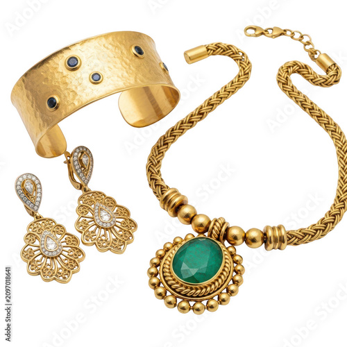 Gold jewelry set with green stone.
