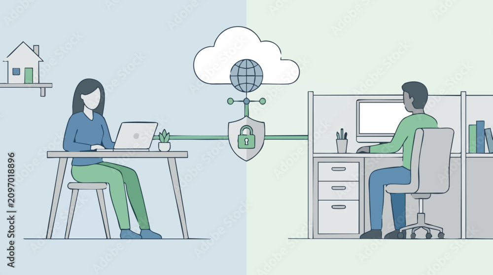 Fototapeta premium Secure Hybrid Work Model: Remote and Office Collaboration with Cloud