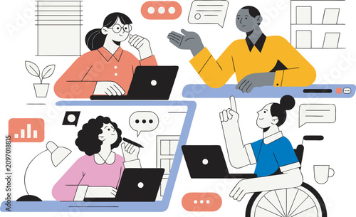 Diverse Remote Team Video Conference with Inclusive Online Collaboration and Work from Home Vector Illustration