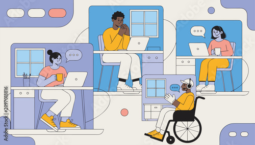 Diverse Remote Team Collaboration in Online Video Meeting with Inclusive Work from Home Vector Illustration