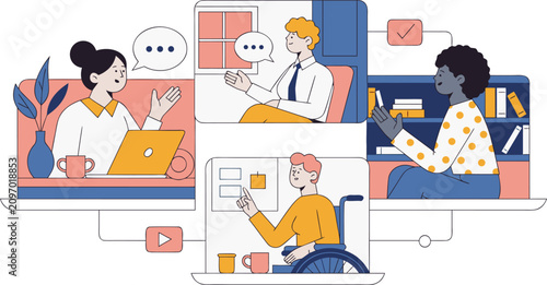Inclusive Remote Team Video Conference with Diverse Online Collaboration and Accessible Work from Home Vector Illustration