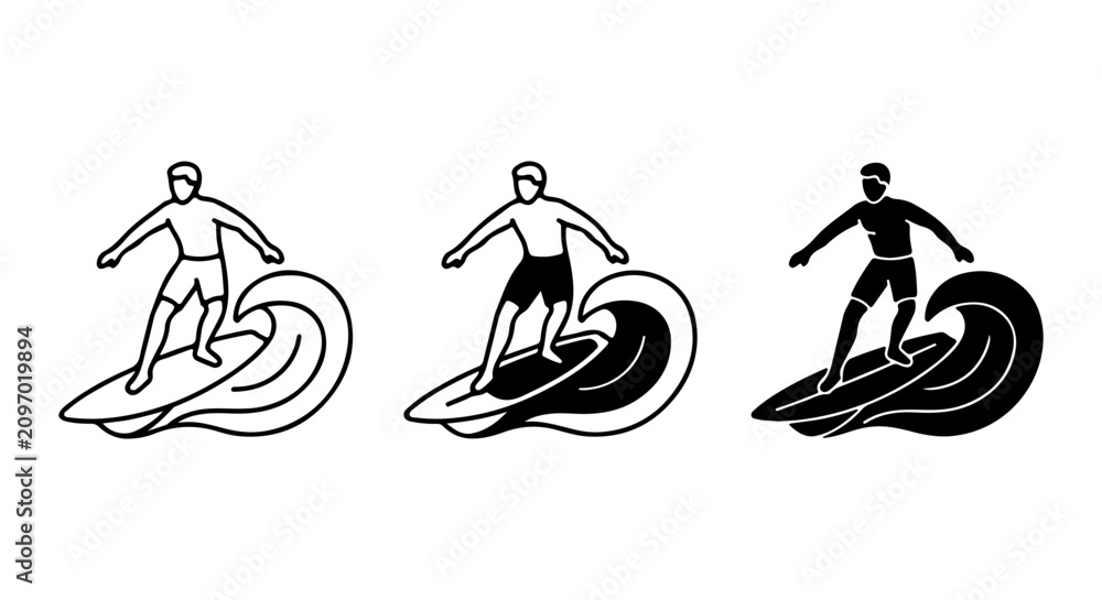 Obraz premium Surfer Icon Set, Ocean Wave Rider Graphics, Beach Sport Vector Collection, Summer Activity Symbols