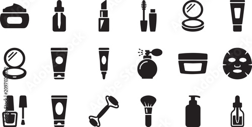 Set of beauty and skincare product icons including lipstick and facial mask and perfume bottle in solid black vector style for cosmetic design projects