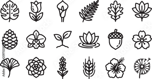 Collection of various plant and flower nature icons in linear black vector style for environmental and botanical design themes and garden projects