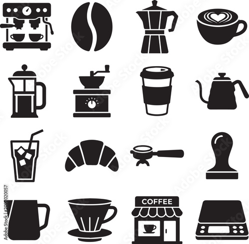Professional coffee and cafe beverage icons in solid black vector style for coffee shop menu and espresso machine branding and barista equipment