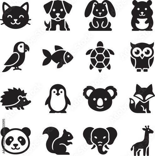 Cute animal and pet icons in solid black vector style for wildlife education and pet shop branding and veterinary clinic design projects and apps