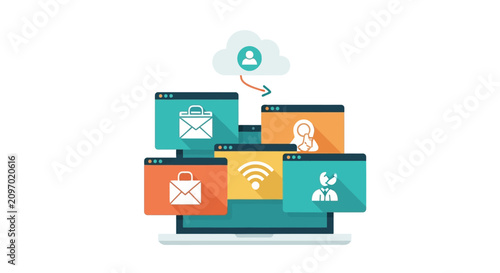 Digital Workspace and Cloud Computing Concept Illustration with Laptop, Connectivity Icons, and Collaborative Web Windows
