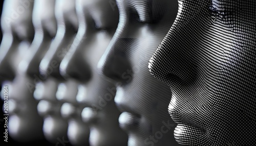 Wireframe mesh face looking sideways at smooth metallic heads. Human consciousness vs machine code concept. Digital avatar profile interacting with robotic replicas