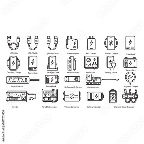Electrical device icons black line style on white background usb cable usb-c lightning power adapter