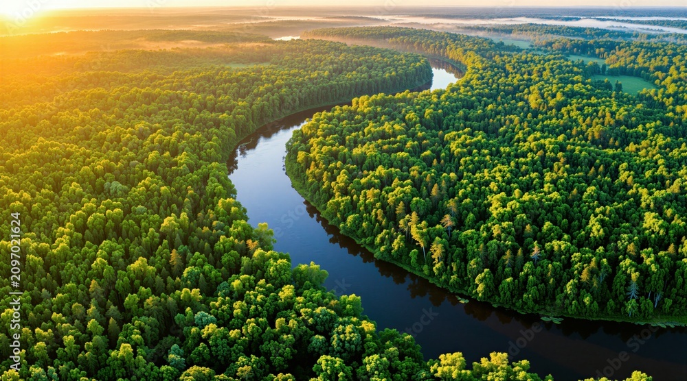 Obraz premium Winding river flows through dense green forest at sunrise golden hour. Sunlight illuminates tree canopy and water surface. Peaceful natural landscape from aerial perspective.