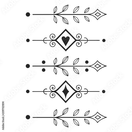 Five decorative vector dividers, elegant ornament set, calligraphic design elements, isolated on white background, vintage borders, horizontal line art collection, black and white flourishes.