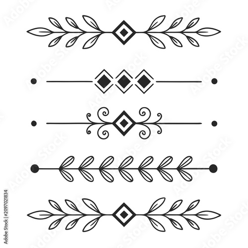 Collection of delicate floral dividers and geometric separators with leaf sprigs and diamond icons for book design and professional stationery projects in simple monochrome hand drawn ink line vector.
