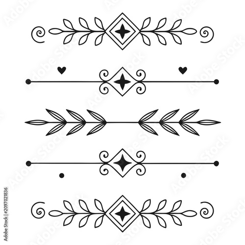 Set of decorative hand drawn divider elements for vintage book page design and invitation card borders with floral leaves and geometric shapes on white background creating elegant text separation.