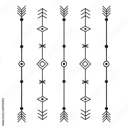 Abstract tribal arrows and geometric shapes forming vertical seamless patterns, perfect for bohemian style textiles, borders, and decorative backgrounds.