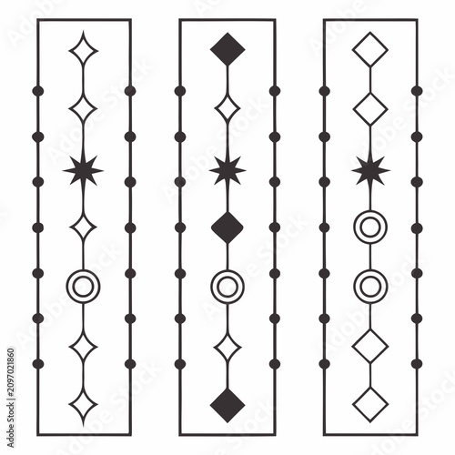 Set of three tribal bohemian style borders with abstract geometric shapes, stars, and circles, ideal for decorative frames and indigenous design elements.